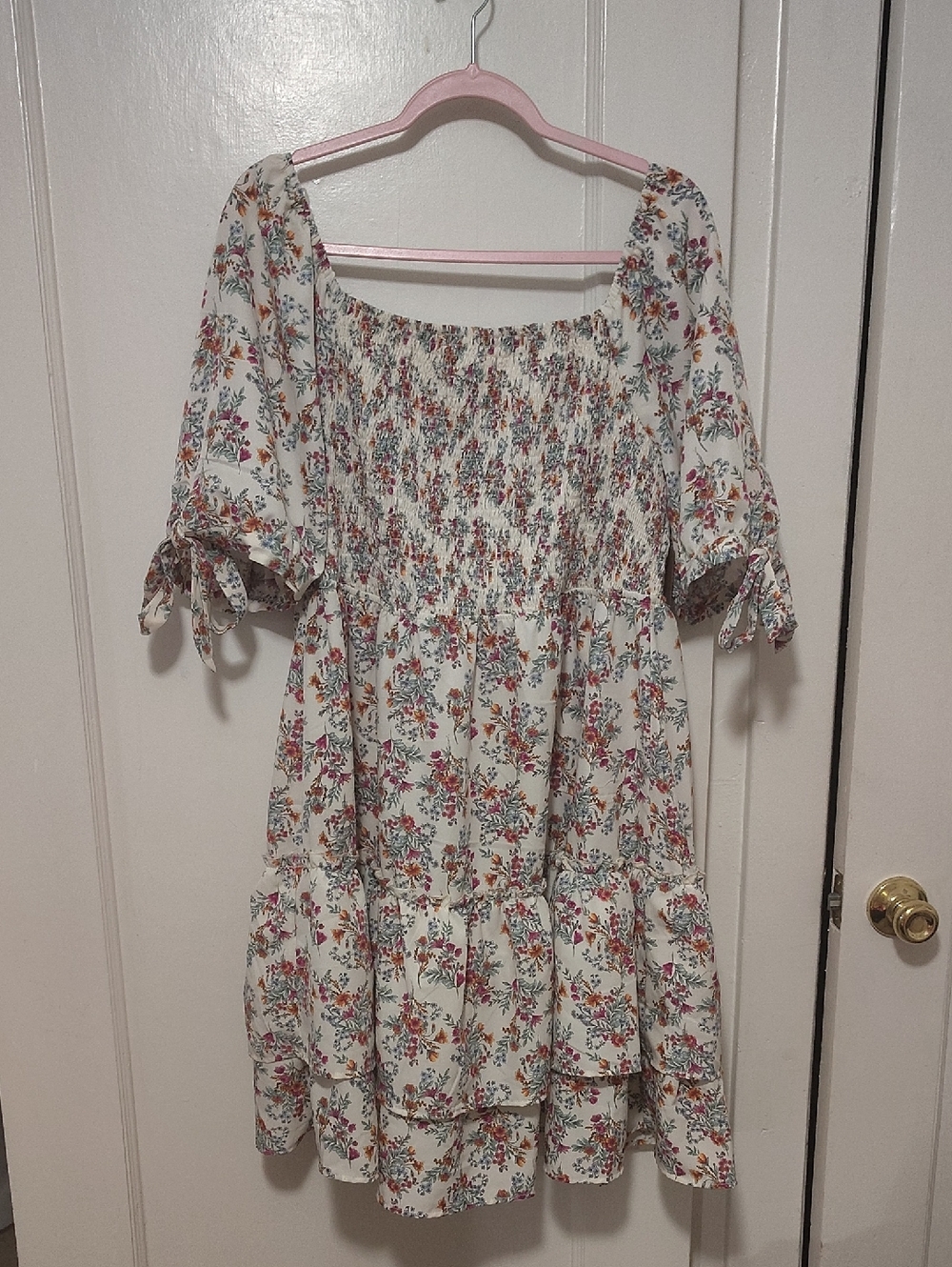 Floral Smocked Mini Dress in Ivory with Multicolor Floral Print